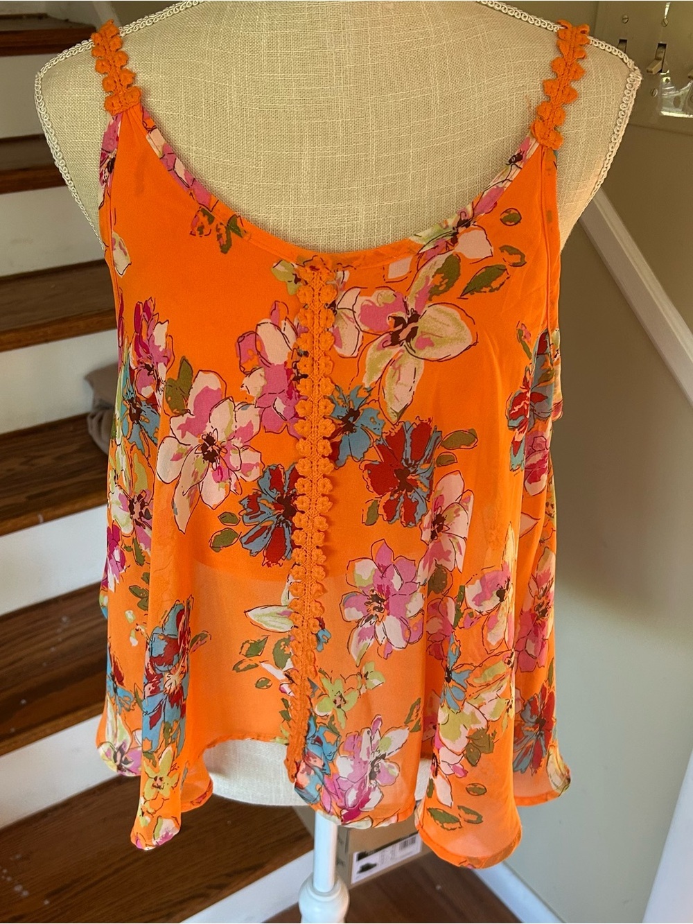 PPLA Floral Swing Top M Orange Crochet Strap Boho Babydoll Tank Festival Fairy